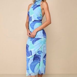 Lulu’s Idyllic in Ibiza Blue Abstract Print Mock Neck Halter Midi Dress